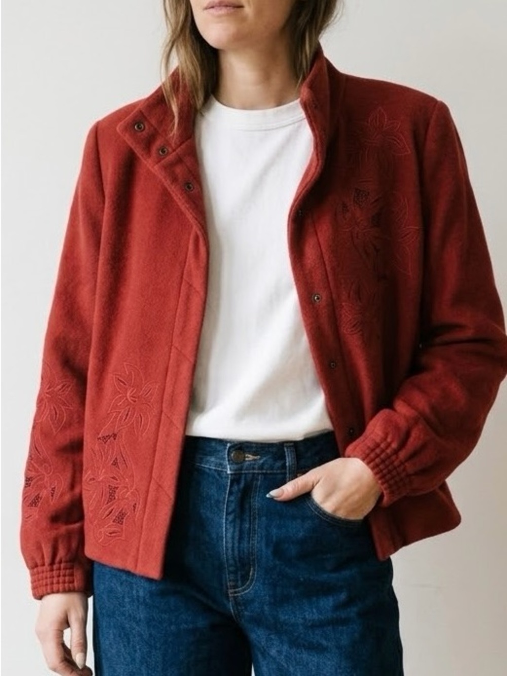 CARLISLE Red Wool Cashmere Embroidered Floral Bomber Jacket Size 12